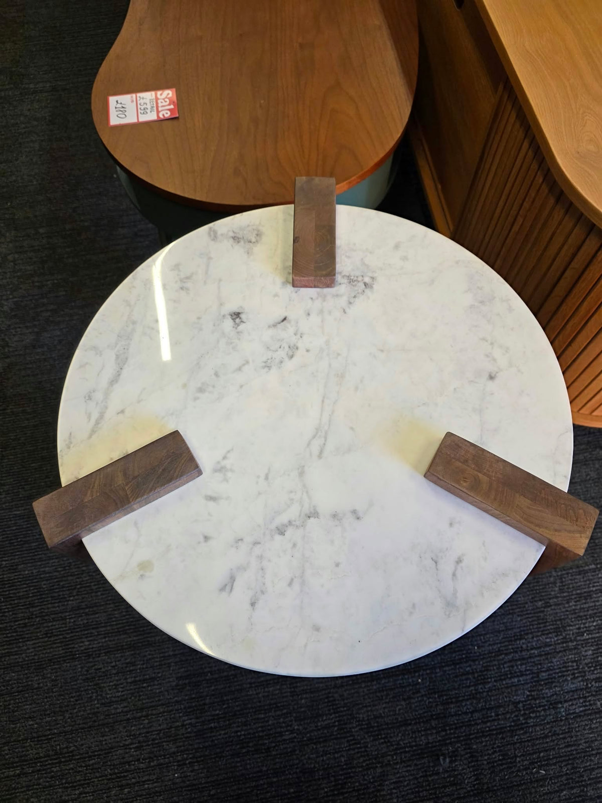 Round Marble Top Side Table, Solid Dark Mango Wood | Small Coffee Table
