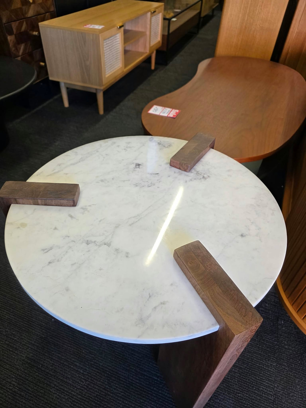 Round Marble Top Side Table, Solid Dark Mango Wood | Small Coffee Table