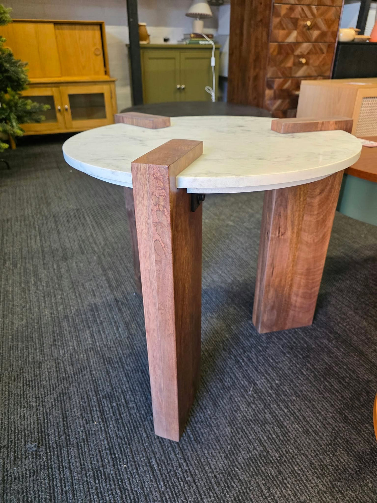 Round Marble Top Side Table, Solid Dark Mango Wood | Small Coffee Table