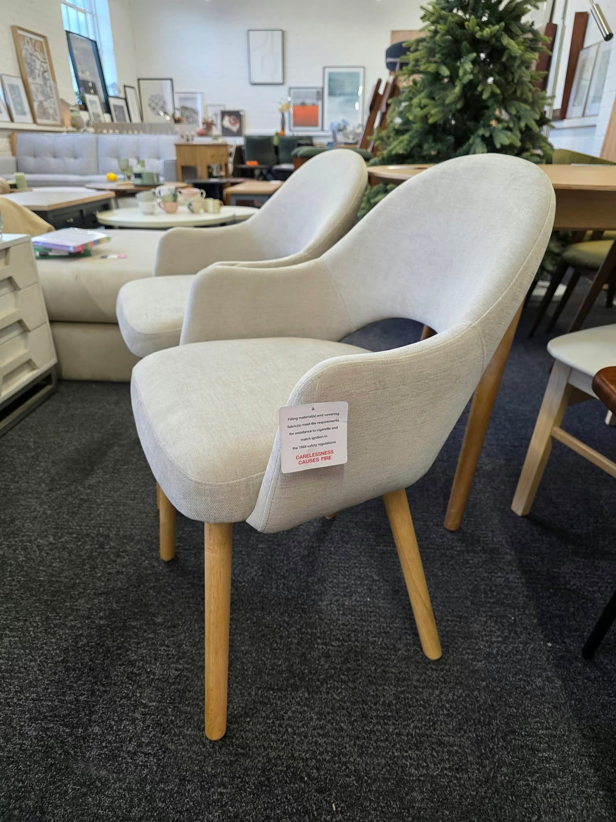 Beige Chenille Dining Chairs with Arms and Oak Legs, Set of 2