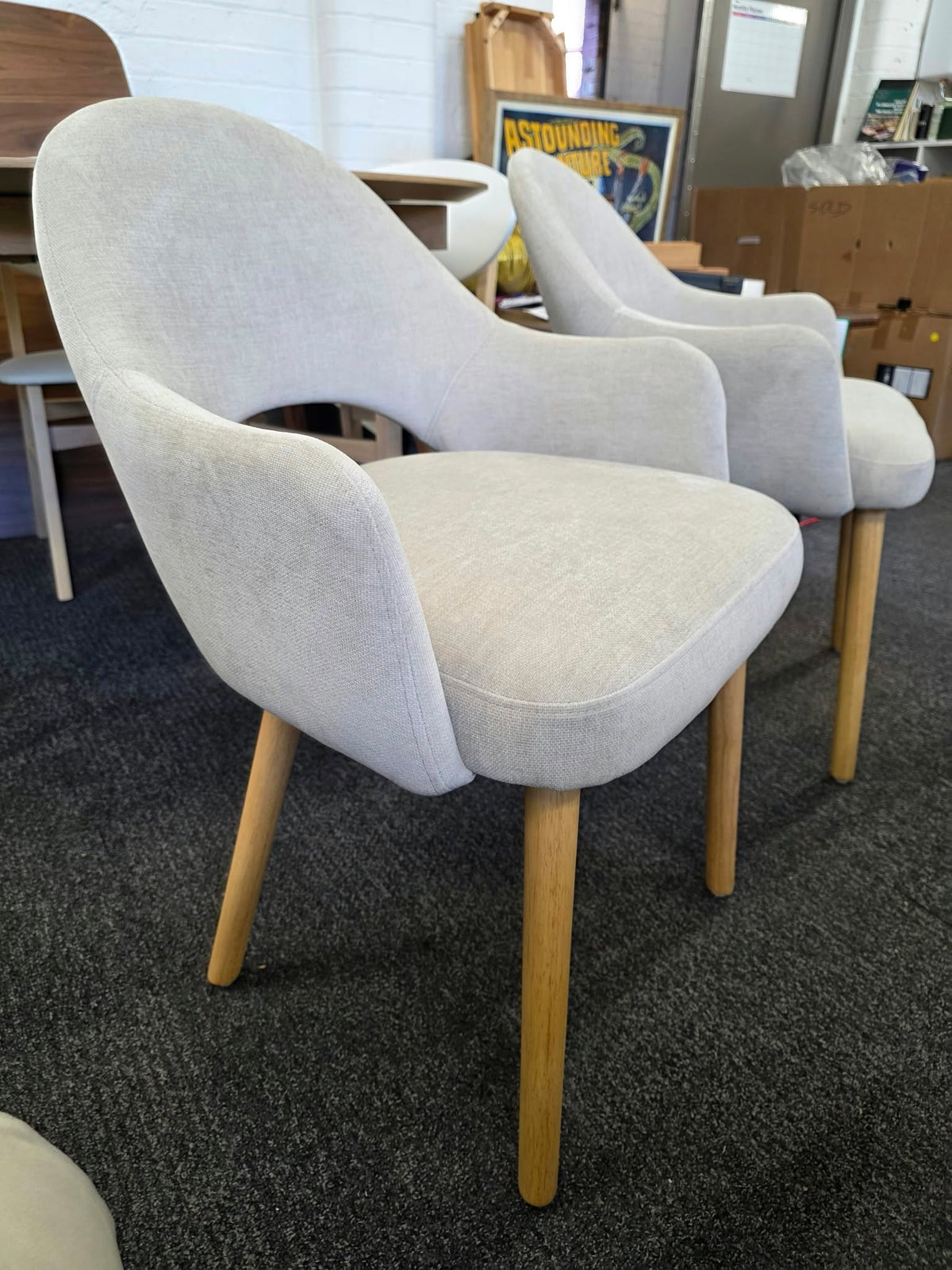 Beige Chenille Dining Chairs with Arms and Oak Legs, Set of 2