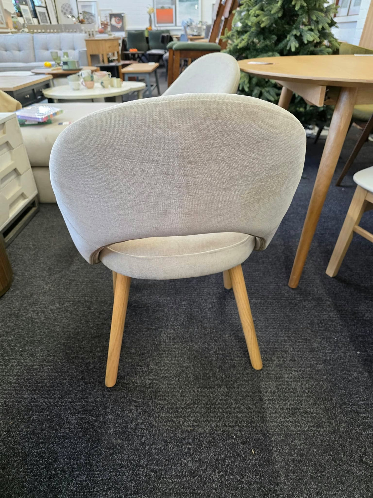 Beige Chenille Dining Chairs with Arms and Oak Legs, Set of 2