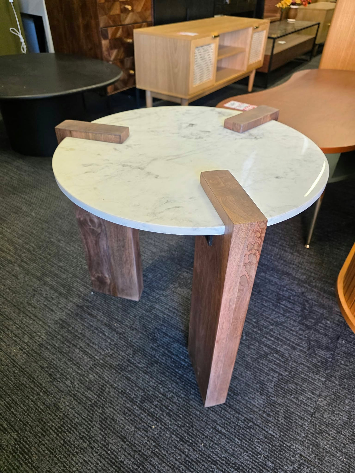 Round Marble Top Side Table, Solid Dark Mango Wood | Small Coffee Table