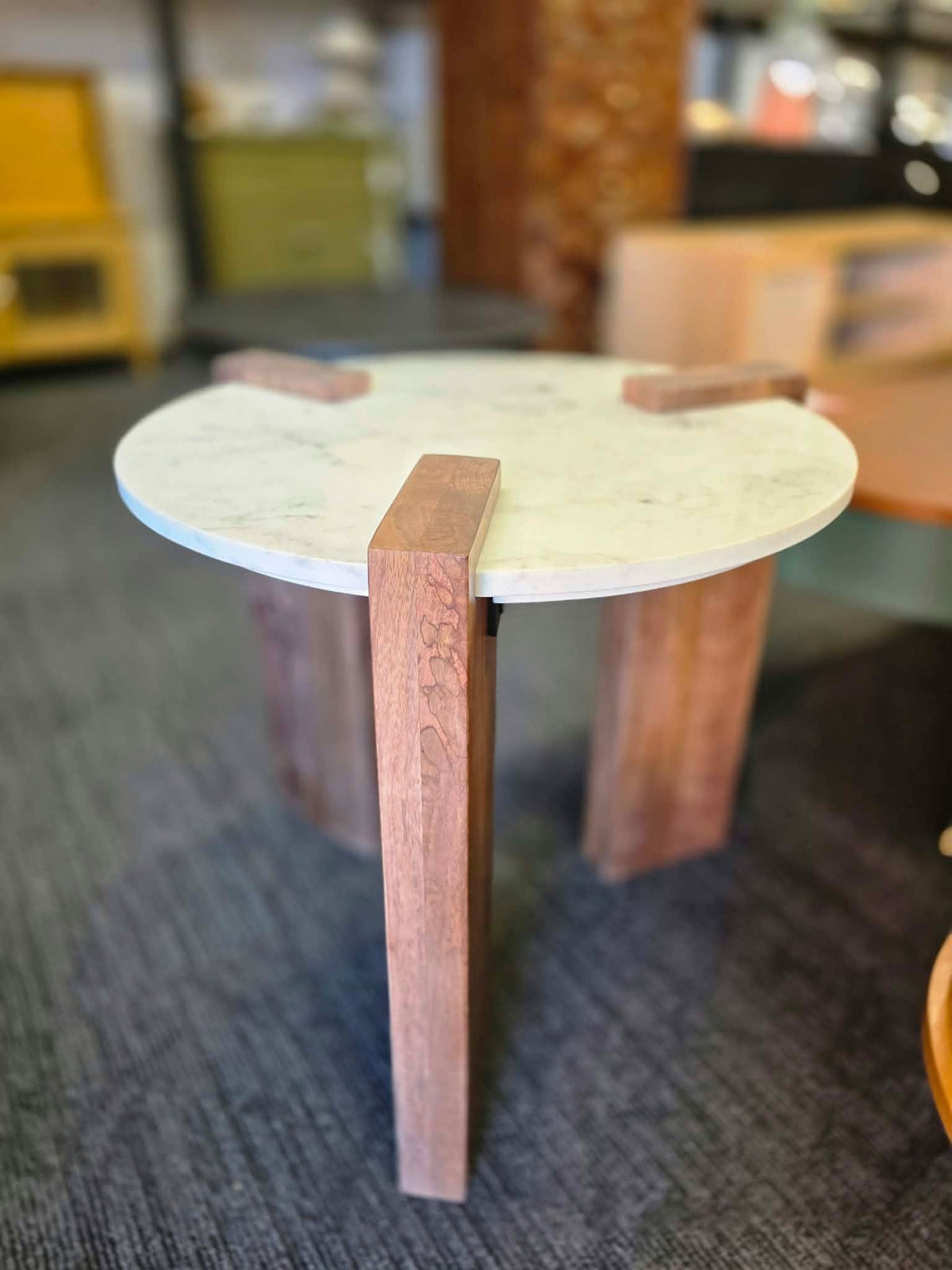 Round Marble Top Side Table, Solid Dark Mango Wood | Small Coffee Table