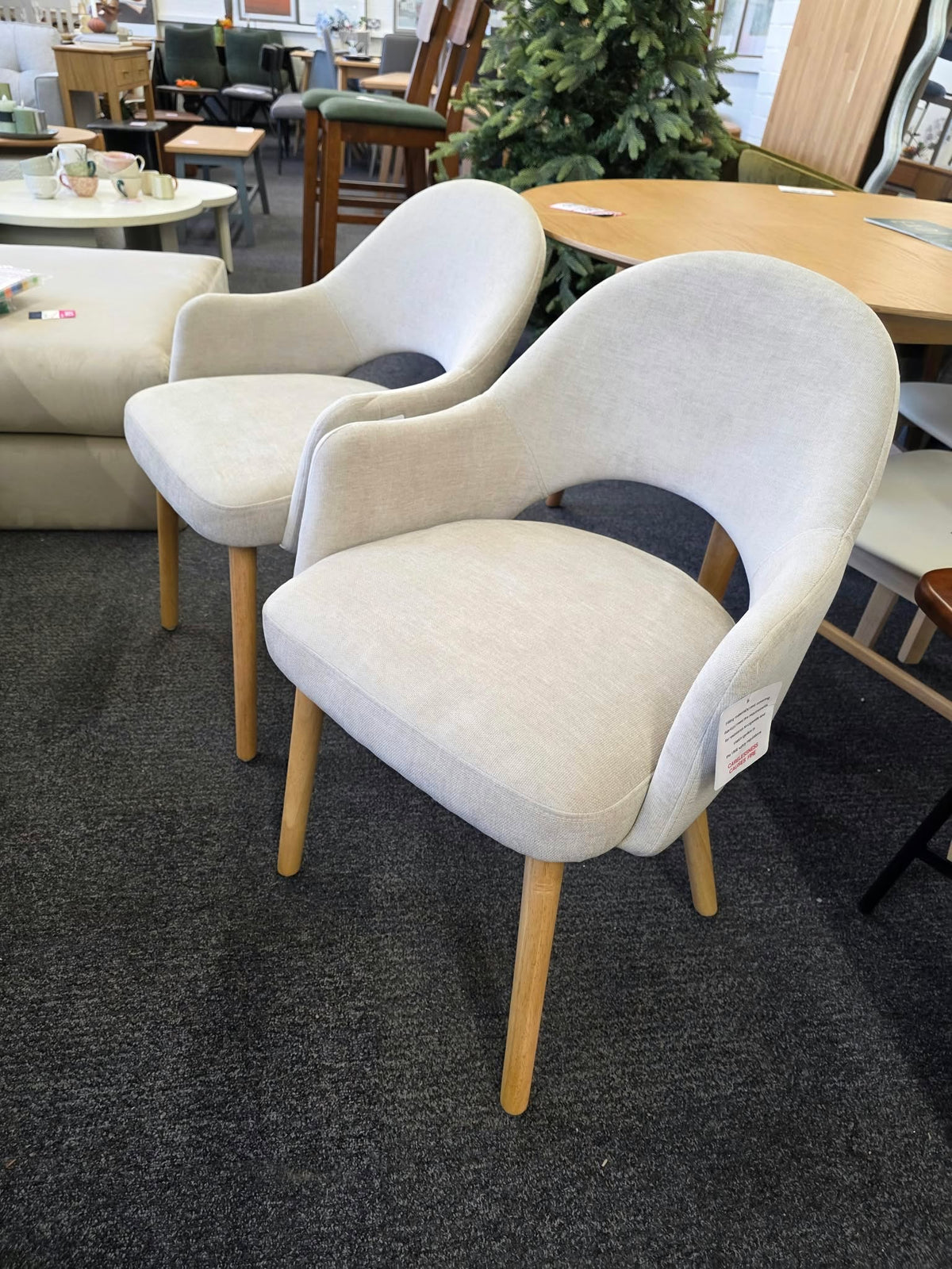Beige Chenille Dining Chairs with Arms and Oak Legs, Set of 2