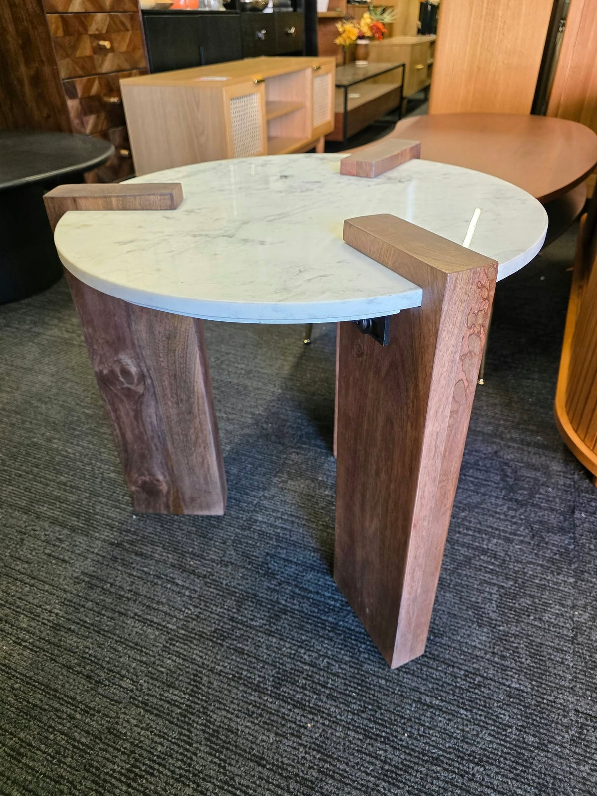 Round Marble Top Side Table, Solid Dark Mango Wood | Small Coffee Table