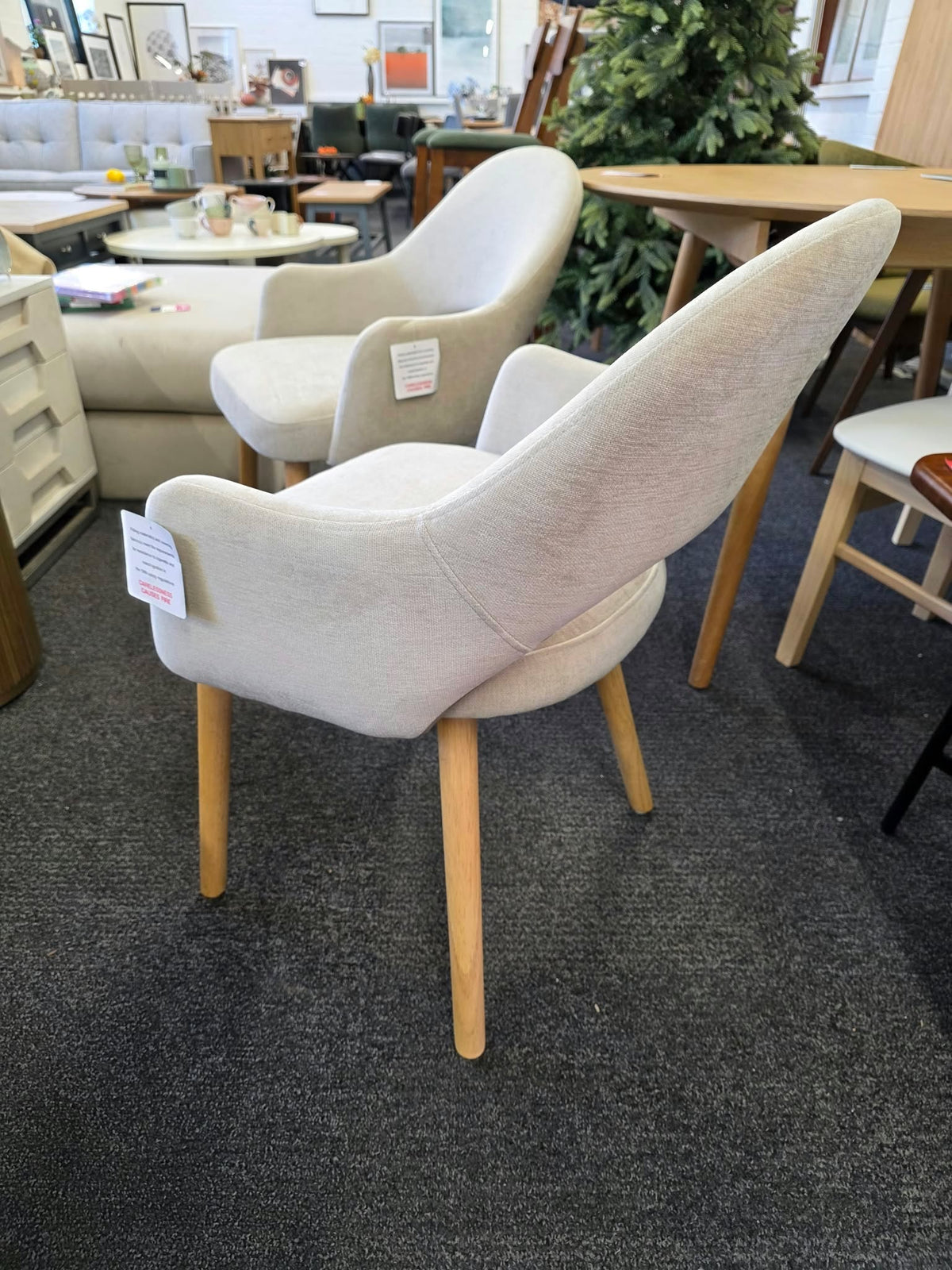 Beige Chenille Dining Chairs with Arms and Oak Legs, Set of 2