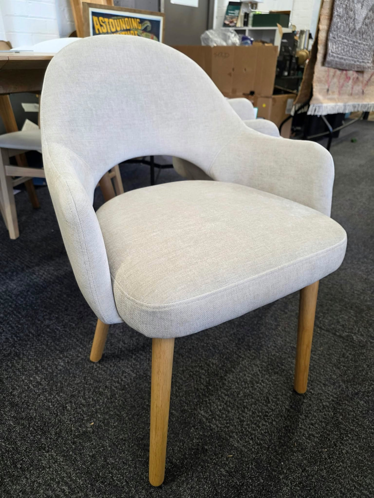 Beige Chenille Dining Chairs with Arms and Oak Legs, Set of 2