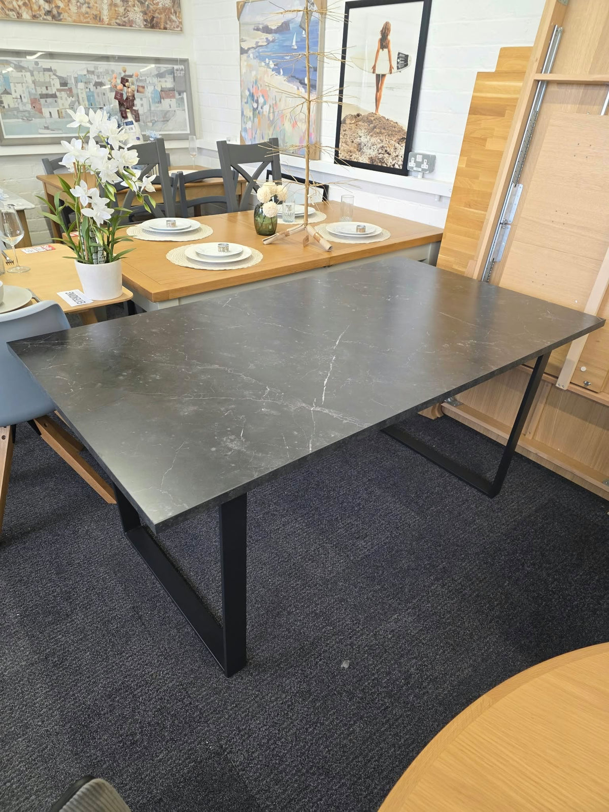 Black Marble Effect Dining Table with Black Metal U Legs, 6 Seater 160cm