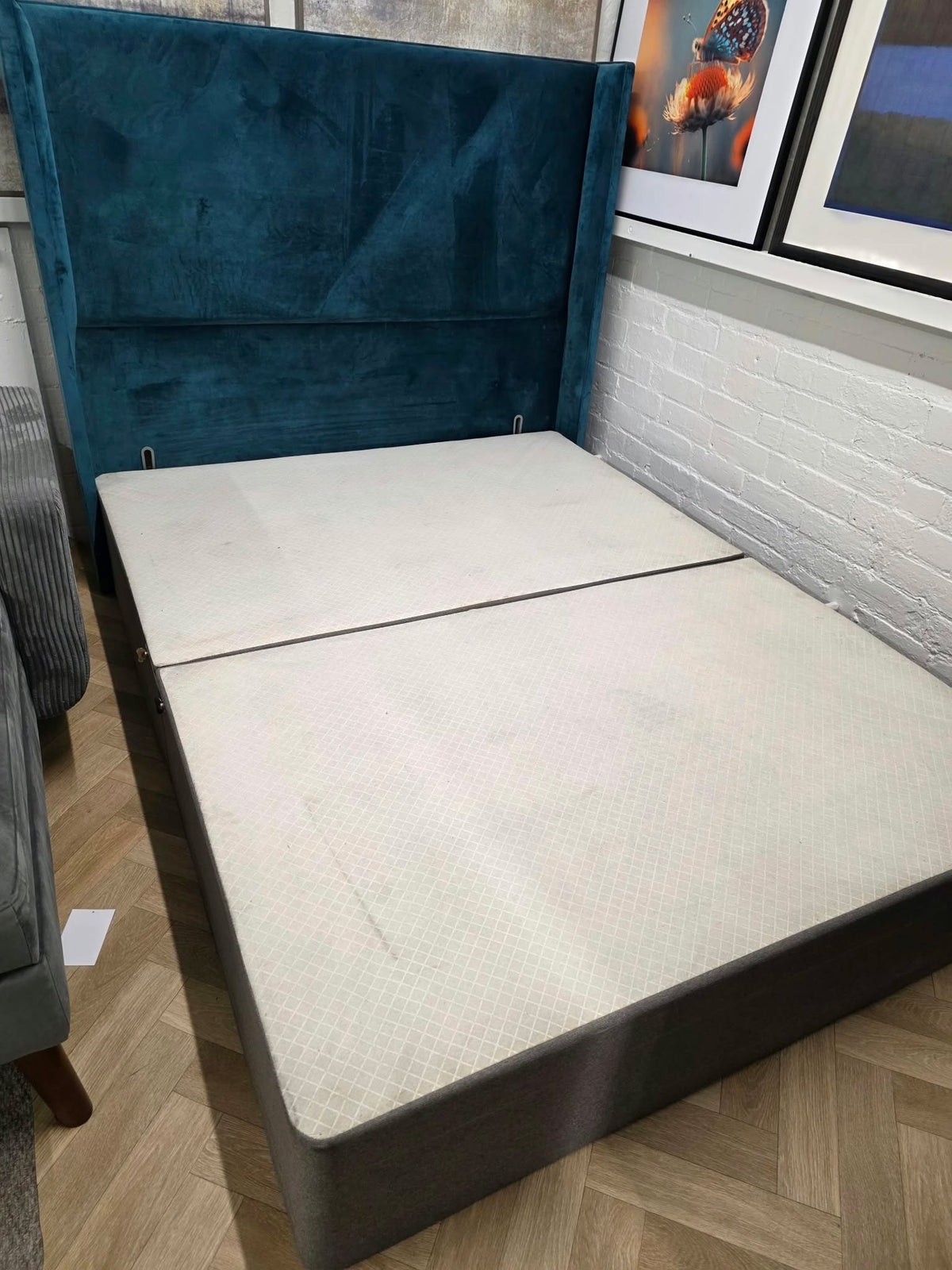King Size Divan Bed with Tall Teal Velvet Winged Headboard, Grey Base