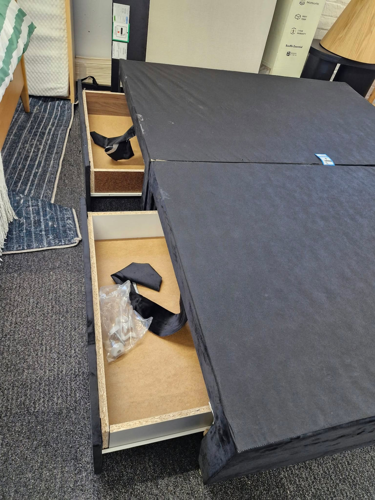 King Size Black Velvet Divan Bed Base with 2 Storage Drawers