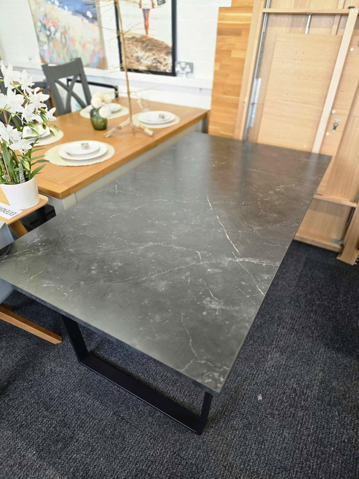Black Marble Effect Dining Table with Black Metal U Legs, 6 Seater 160cm