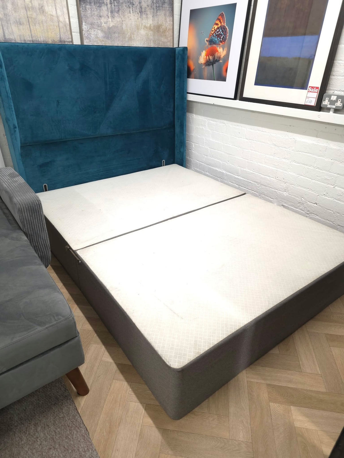 King Size Divan Bed with Tall Teal Velvet Winged Headboard, Grey Base