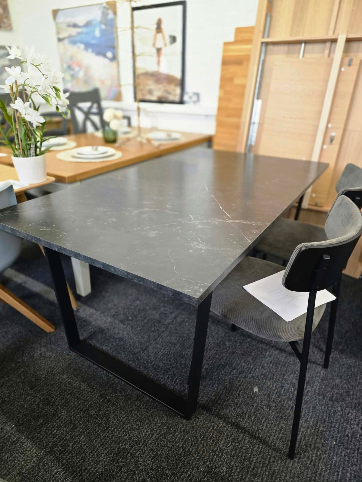 Black Marble Effect Dining Table with Black Metal U Legs, 6 Seater 160cm