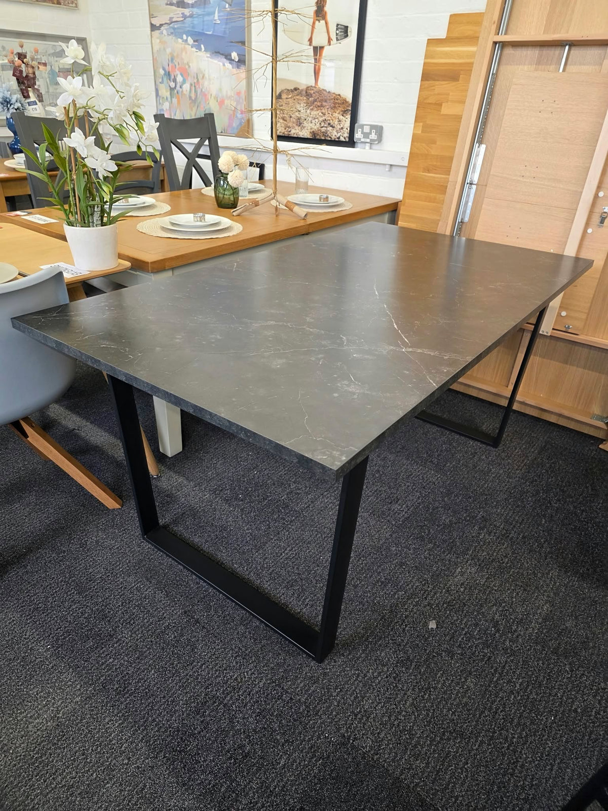 Black Marble Effect Dining Table with Black Metal U Legs, 6 Seater 160cm