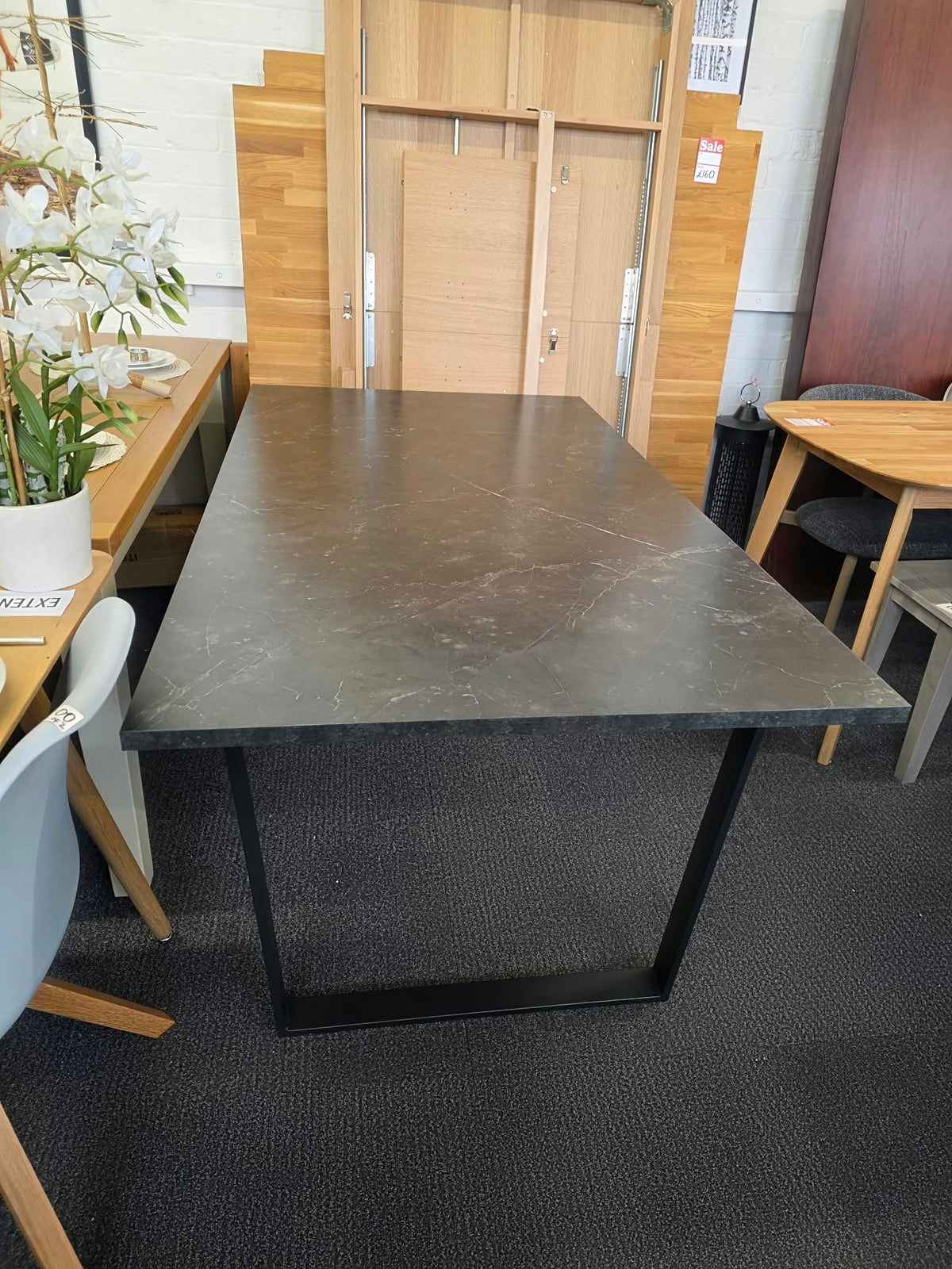 Black Marble Effect Dining Table with Black Metal U Legs, 6 Seater 160cm