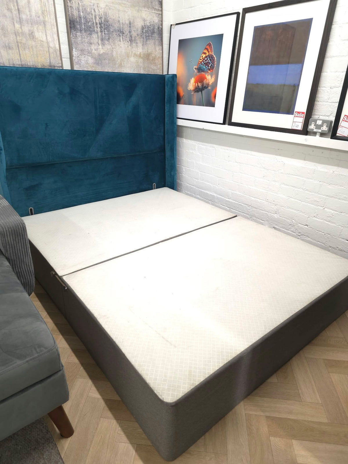King Size Divan Bed with Tall Teal Velvet Winged Headboard, Grey Base
