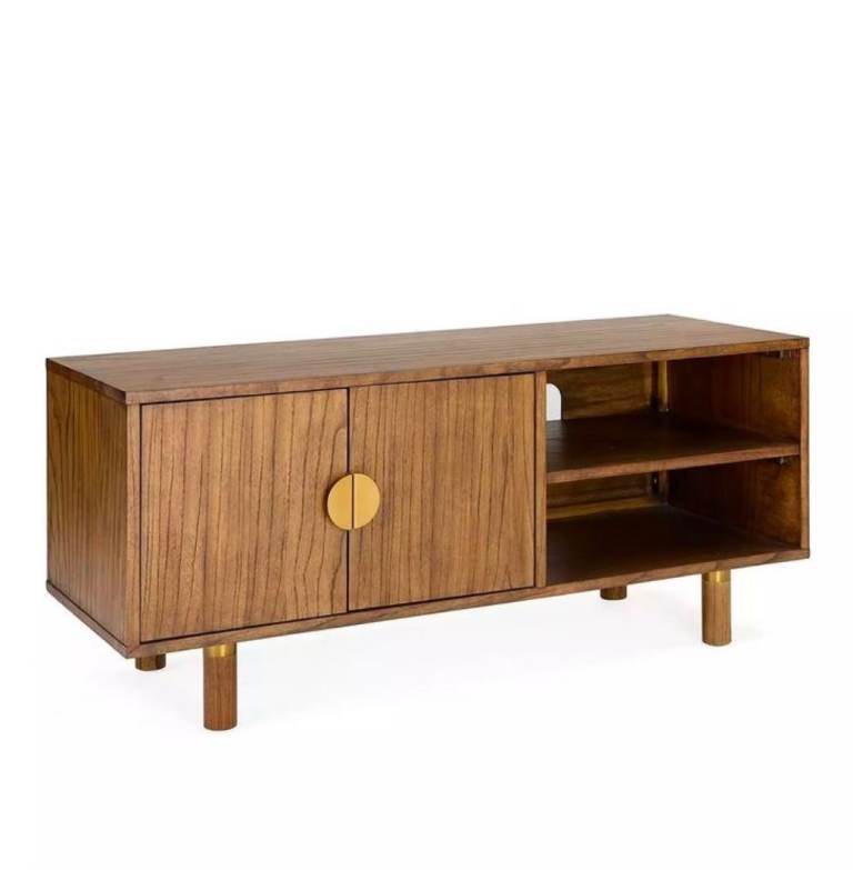 Solid Dark Wood and Bronze TV Stand with 2 doors and open shelf