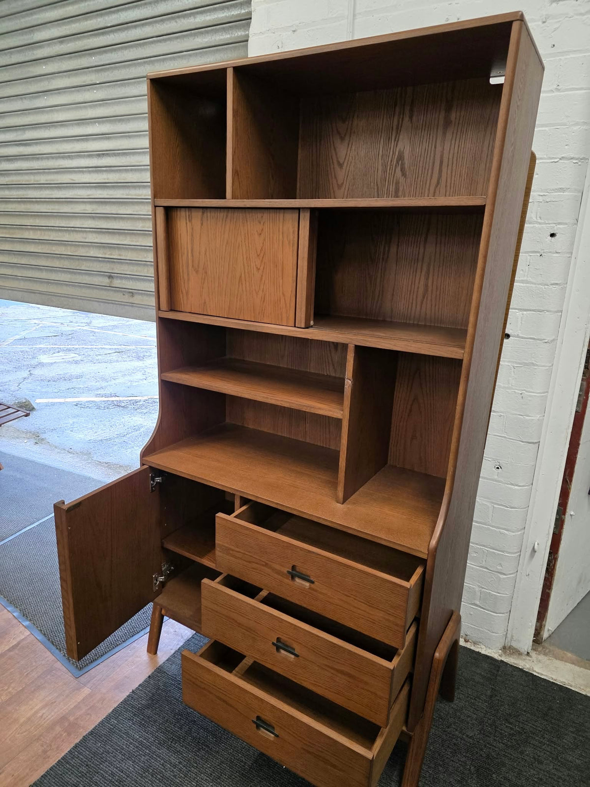 Mid Century Oak Bookcase with Sliding Doors and Drawers | G Plan Vintage Chiltern