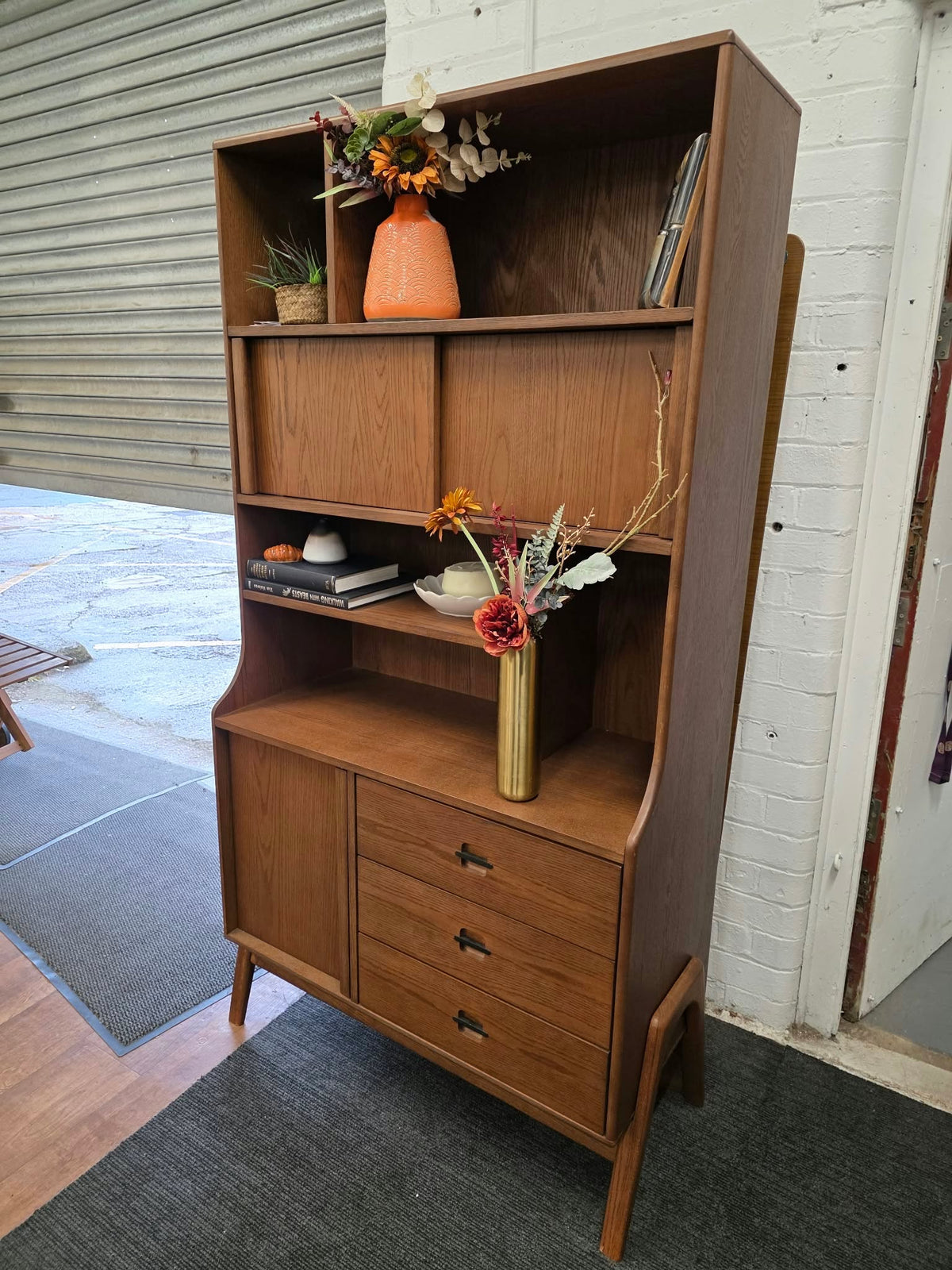 Mid Century Oak Bookcase with Sliding Doors and Drawers | G Plan Vintage Chiltern
