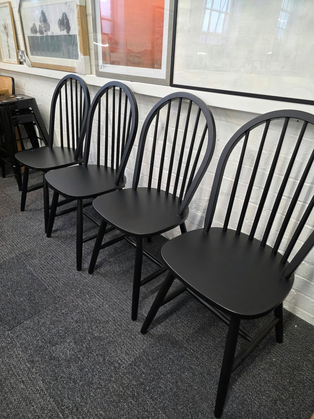 Set of 4 Black Windsor Spindle Back Wooden Dining Chairs
