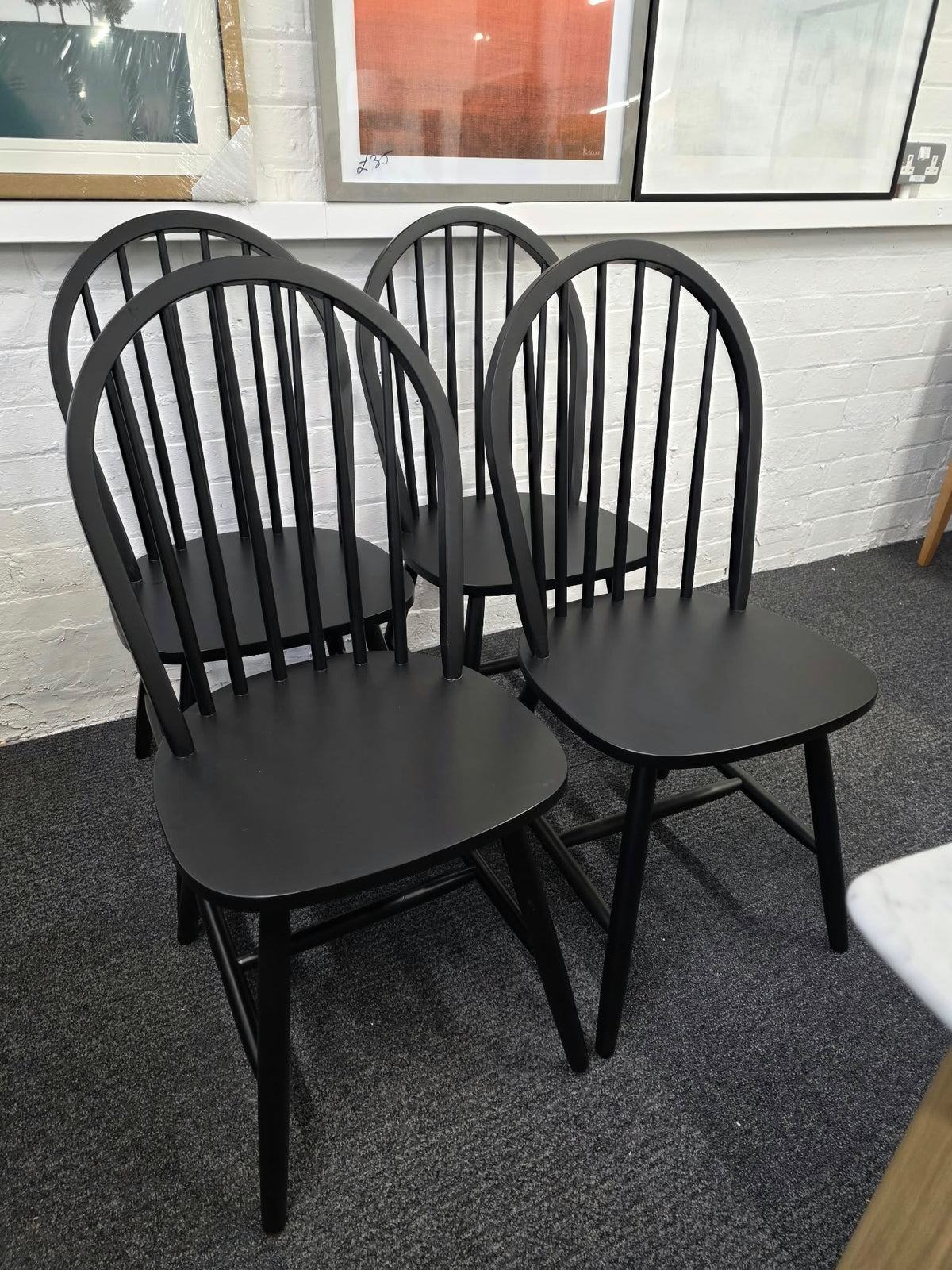Set of 4 Black Windsor Spindle Back Wooden Dining Chairs