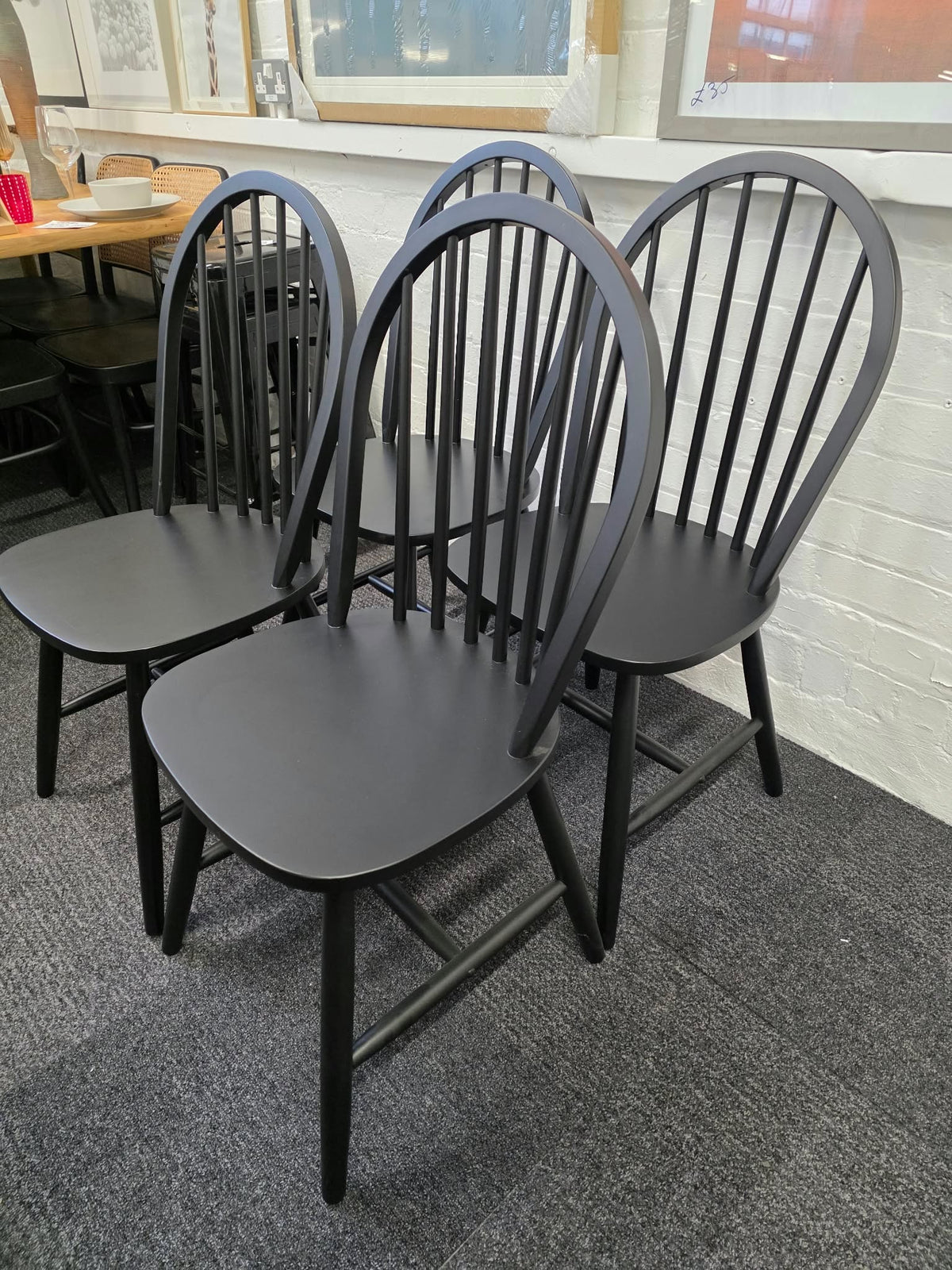 Set of 4 Black Windsor Spindle Back Wooden Dining Chairs