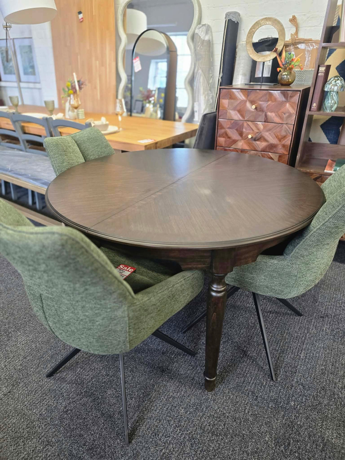 Round Extending Dining Table with Marquetry Top and Turned Legs, Dark Coffee | Madison