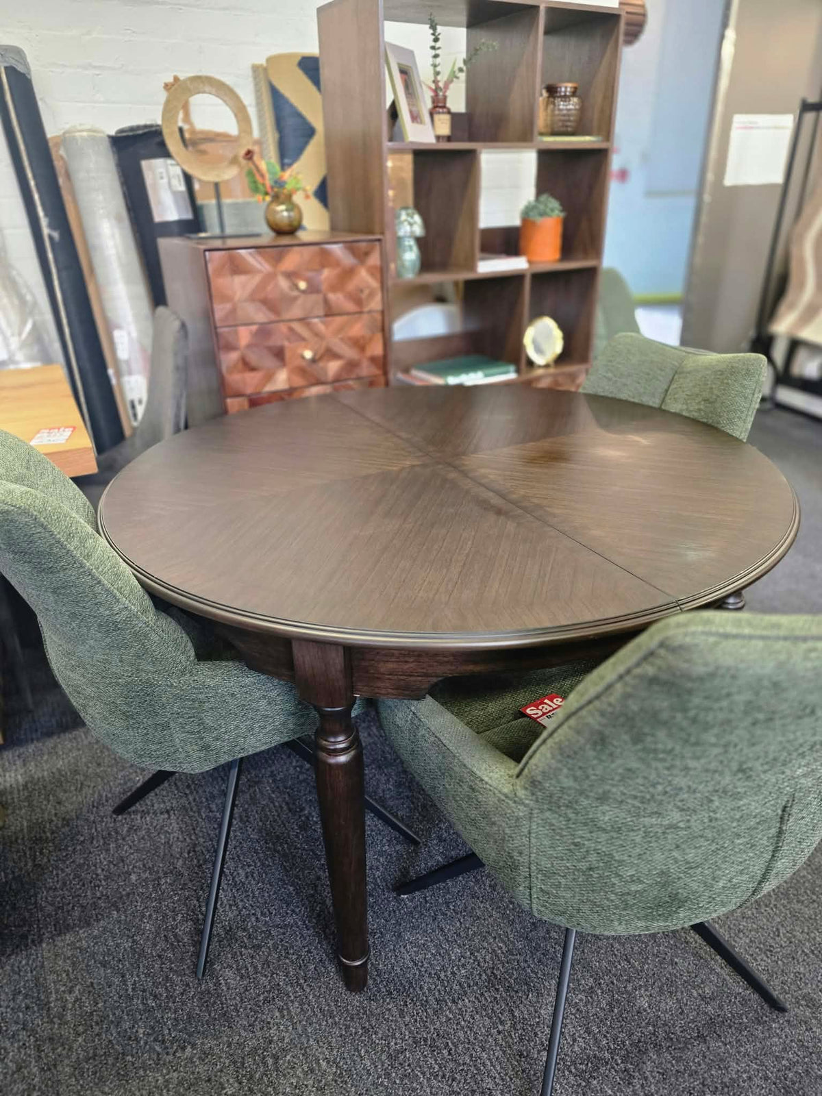 Round Extending Dining Table with Marquetry Top and Turned Legs, Dark Coffee | Madison
