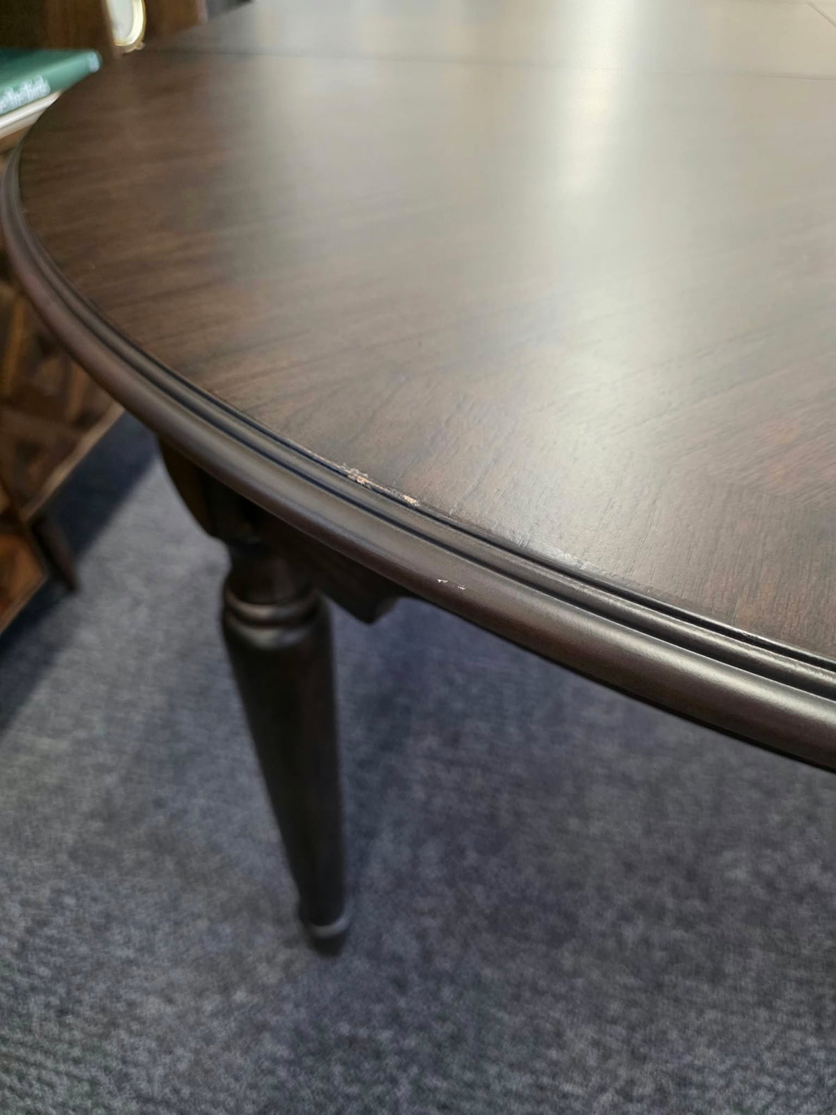 Round Extending Dining Table with Marquetry Top and Turned Legs, Dark Coffee | Madison