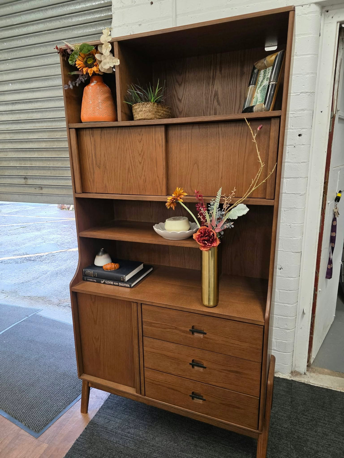 Mid Century Oak Bookcase with Sliding Doors and Drawers | G Plan Vintage Chiltern