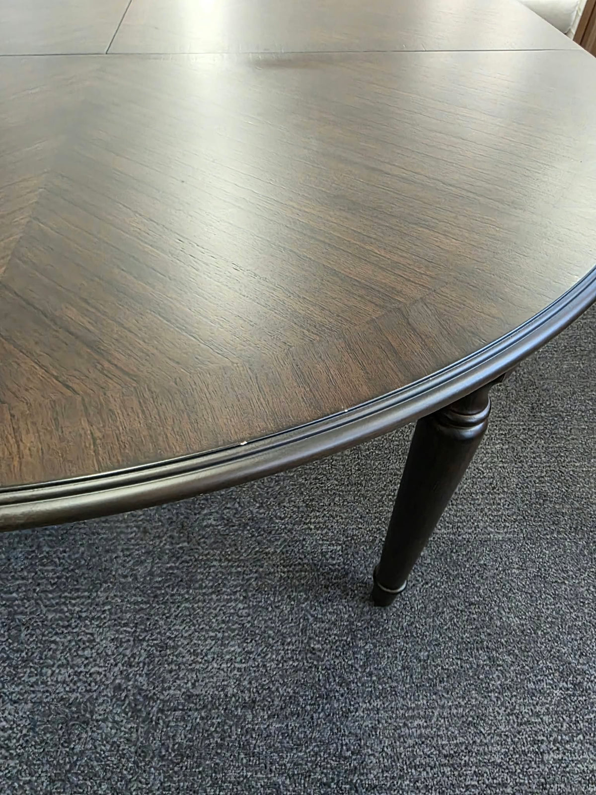 Round Extending Dining Table with Marquetry Top and Turned Legs, Dark Coffee | Madison