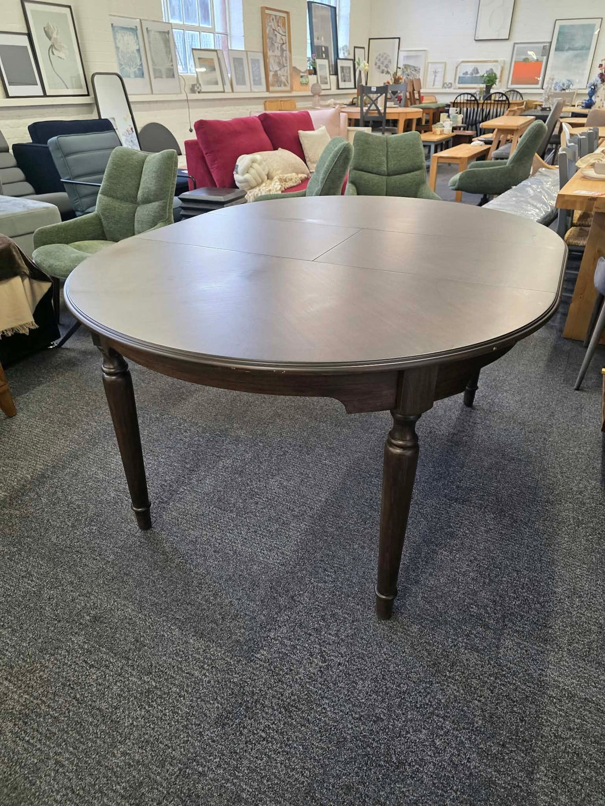Round Extending Dining Table with Marquetry Top and Turned Legs, Dark Coffee | Madison