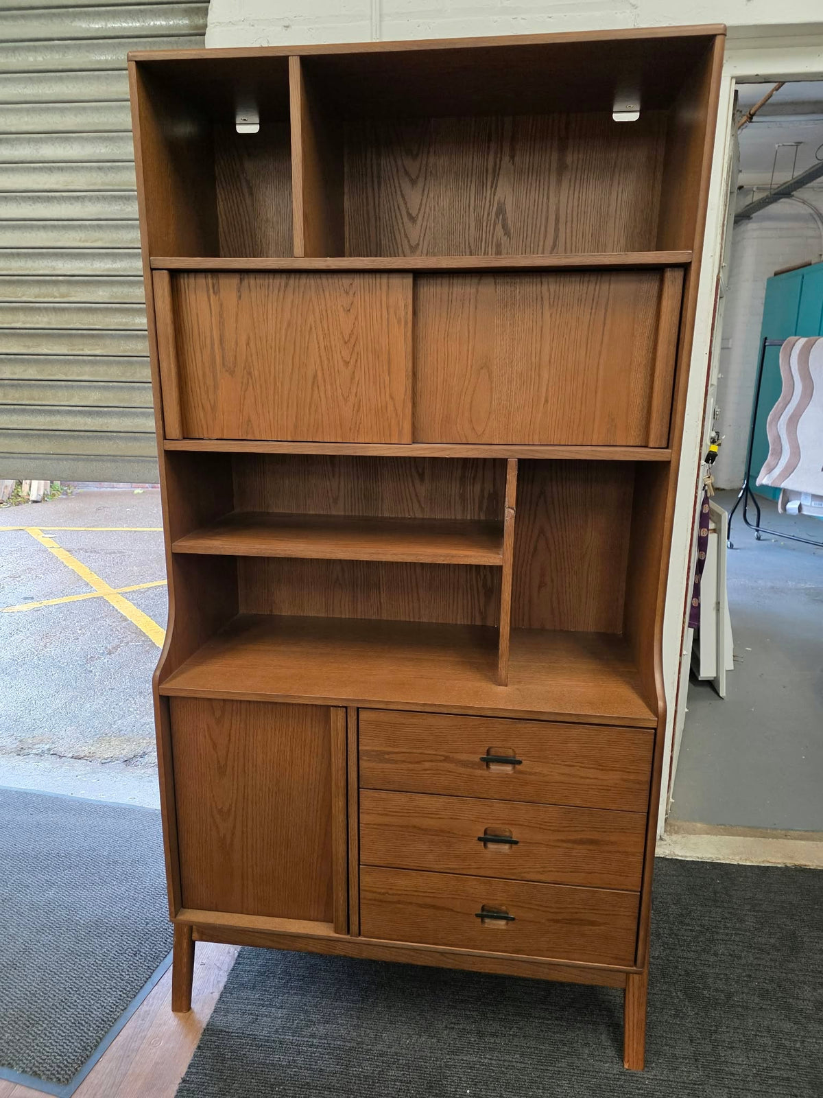 Mid Century Oak Bookcase with Sliding Doors and Drawers | G Plan Vintage Chiltern