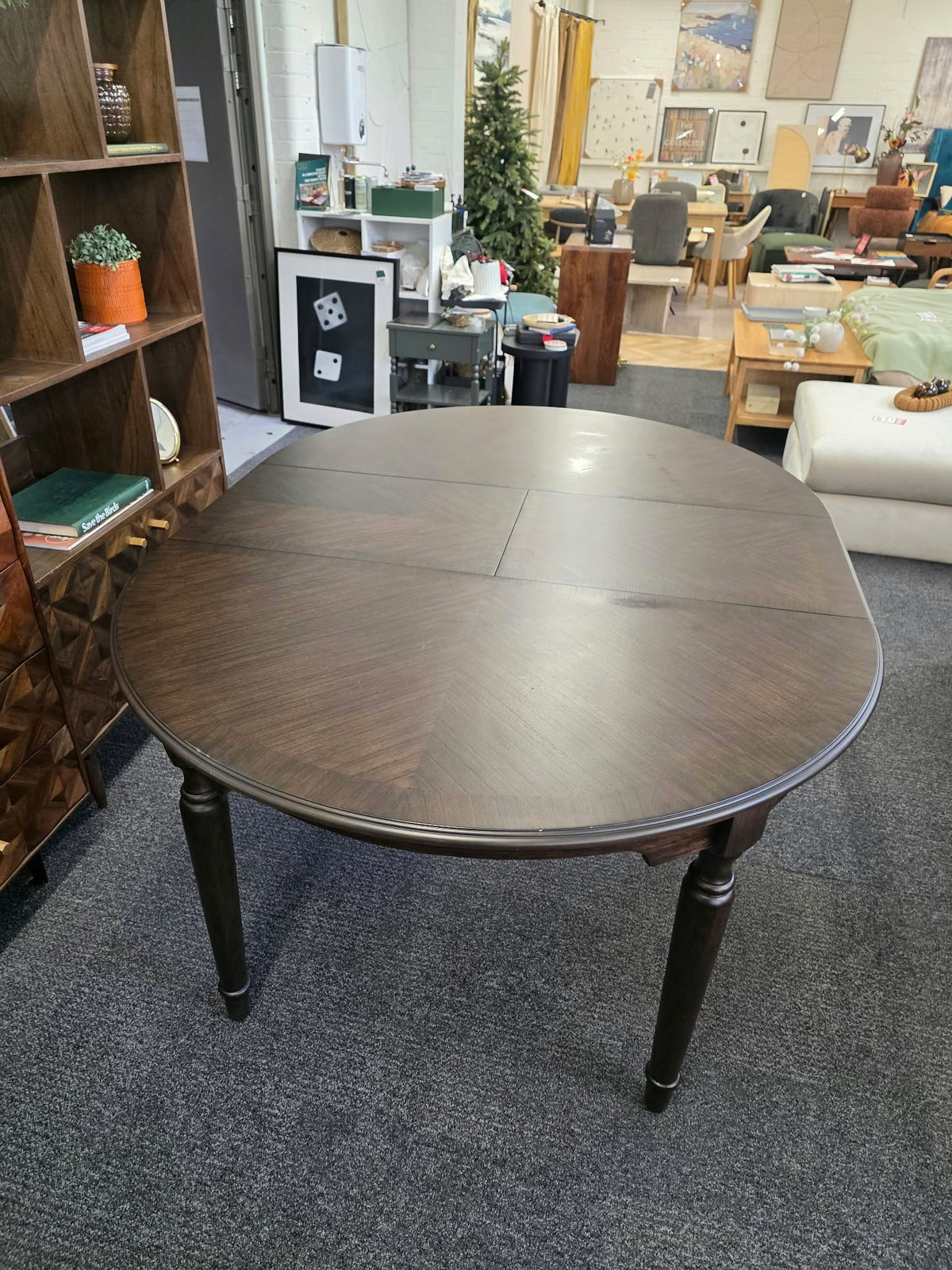 Round Extending Dining Table with Marquetry Top and Turned Legs, Dark Coffee | Madison