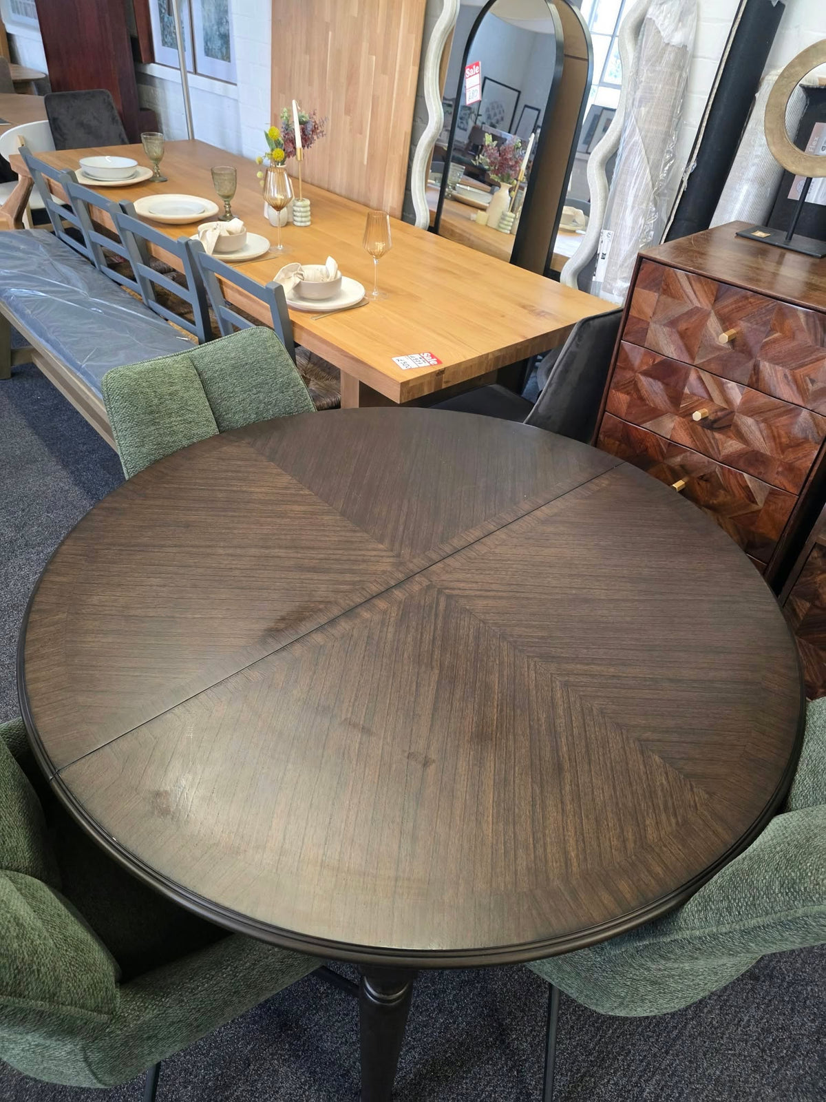 Round Extending Dining Table with Marquetry Top and Turned Legs, Dark Coffee | Madison