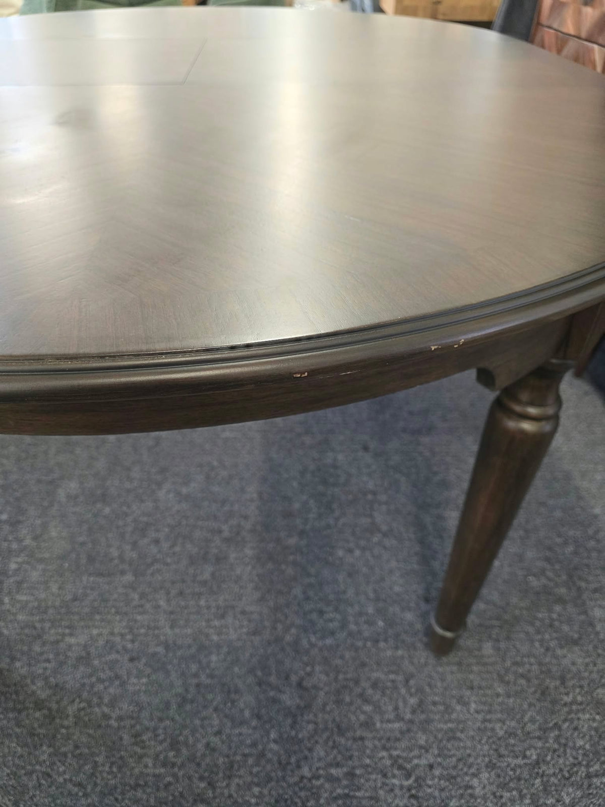 Round Extending Dining Table with Marquetry Top and Turned Legs, Dark Coffee | Madison