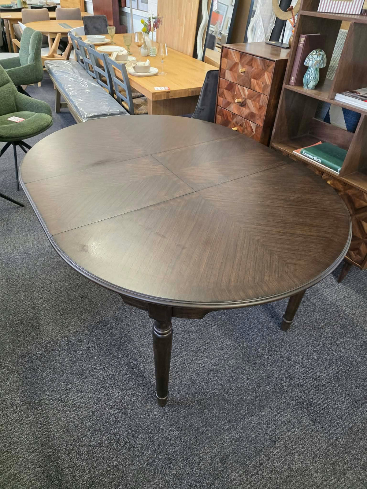 Round Extending Dining Table with Marquetry Top and Turned Legs, Dark Coffee | Madison