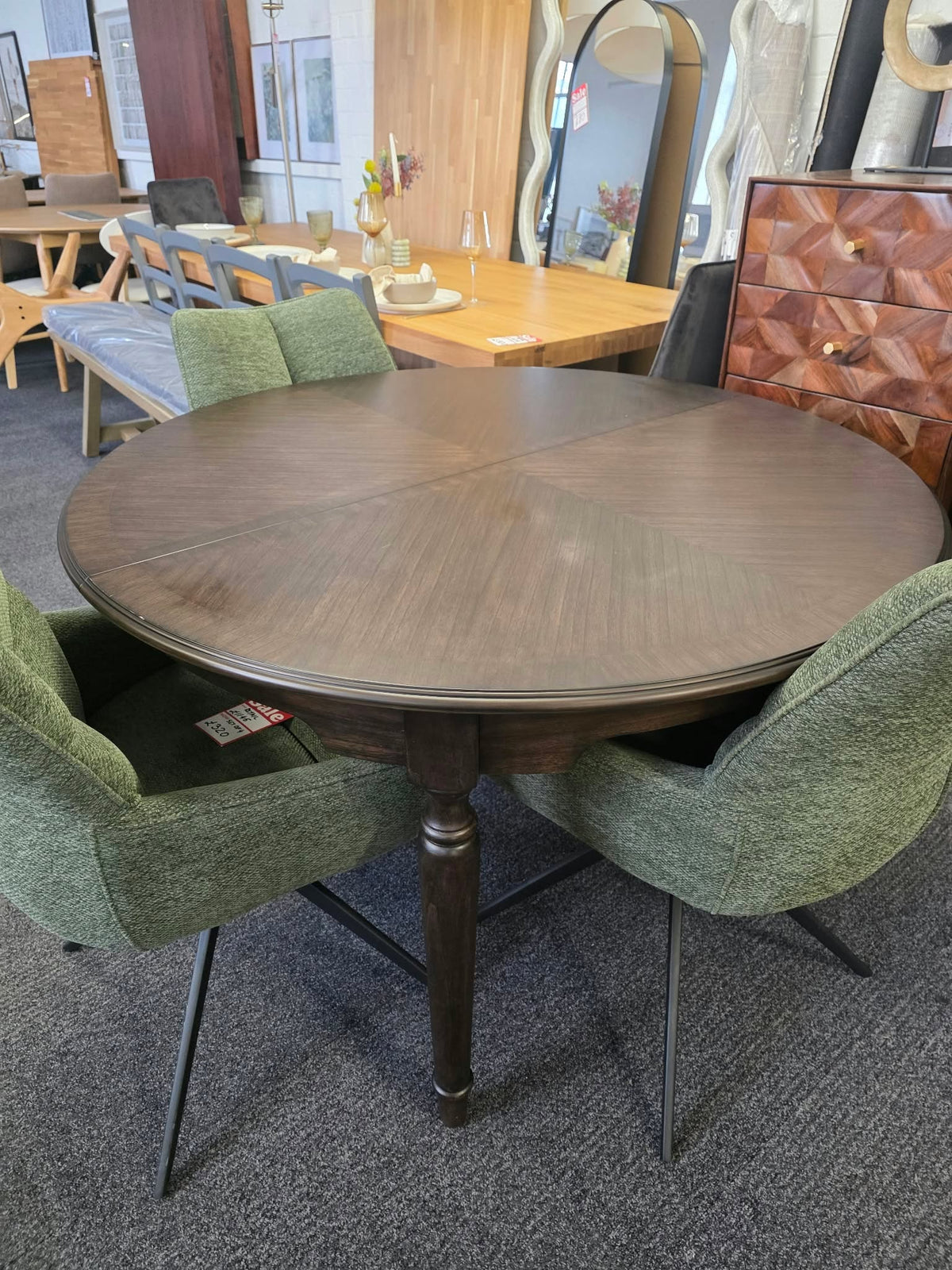 Round Extending Dining Table with Marquetry Top and Turned Legs, Dark Coffee | Madison