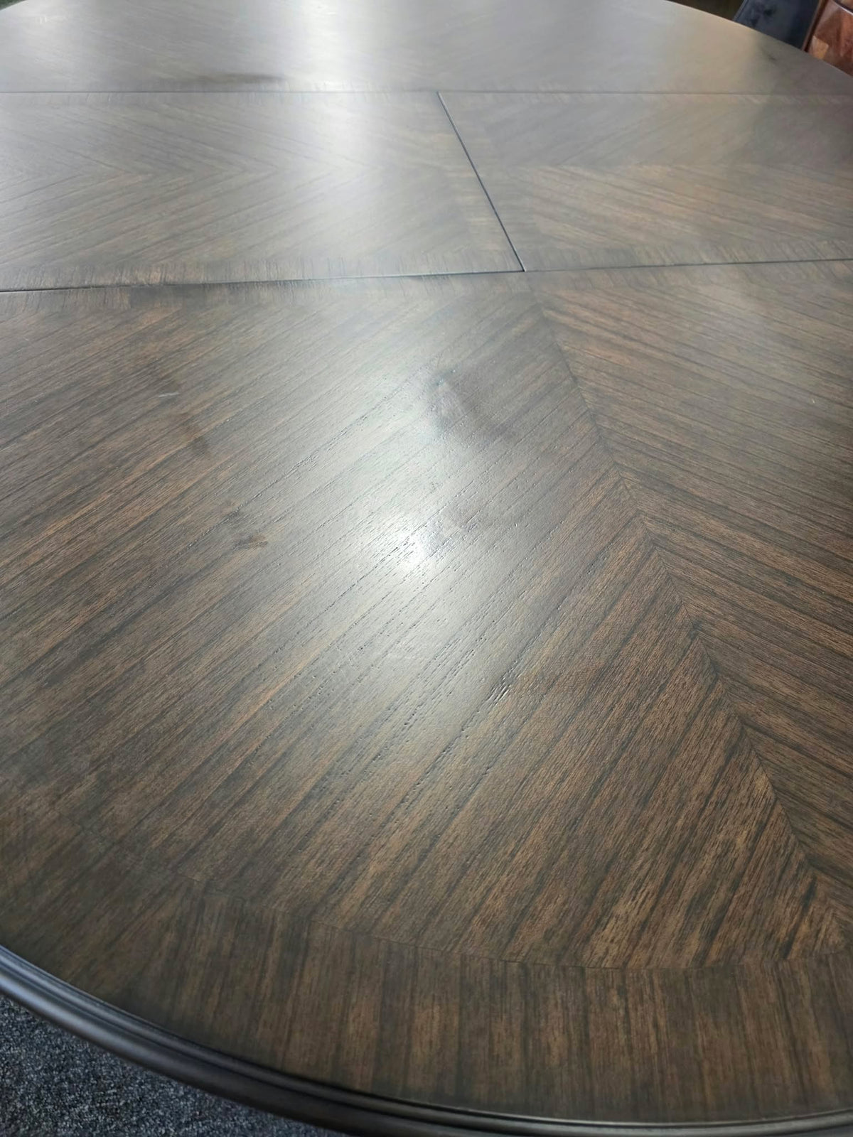 Round Extending Dining Table with Marquetry Top and Turned Legs, Dark Coffee | Madison