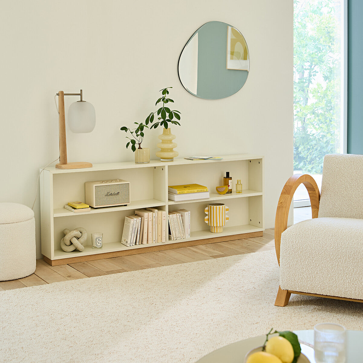 Low and Long Light Cream Shelving Unit