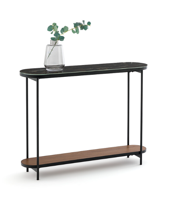 Slim Walnut, Black Metal and Brown Marble Effect Console Table / La Redoute Gil RRP £325