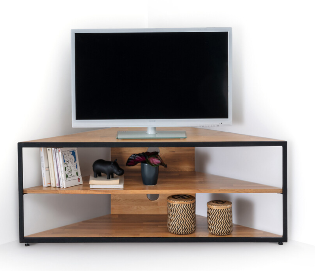 Corner TV Cabinet in Solid Oak and Steel / La Redoute Hiba RRP £325