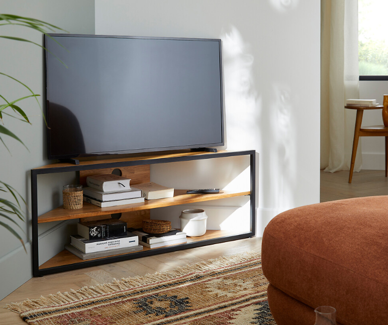 Corner TV Cabinet in Solid Oak and Steel / La Redoute Hiba RRP £325