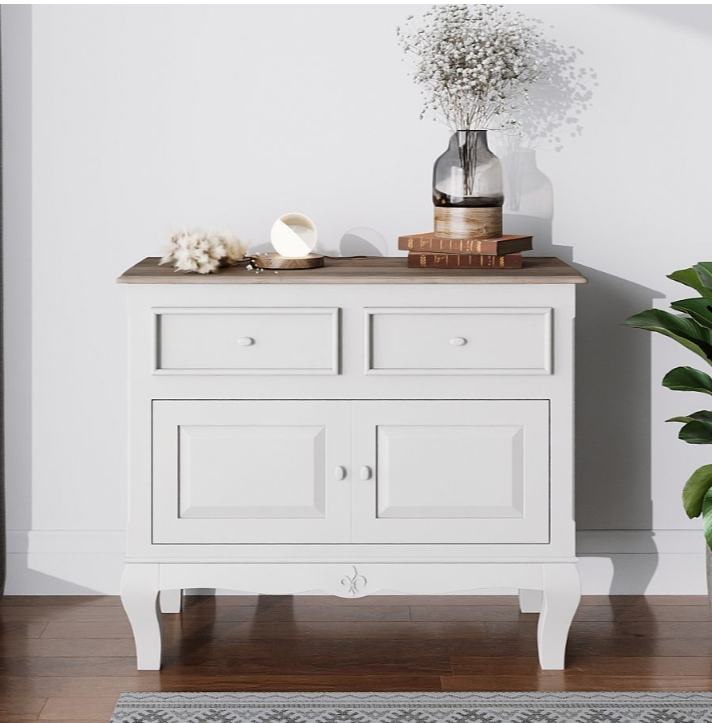 Solid wood White and Wood Cabinet /  Urban Deco Fleur Distressed Painted French Style