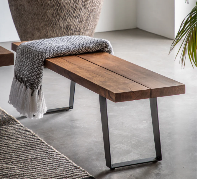 Large solid wood and metal dining bench / Acacia and Iron