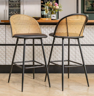 Set of 4 Barstools- Black and Rattan