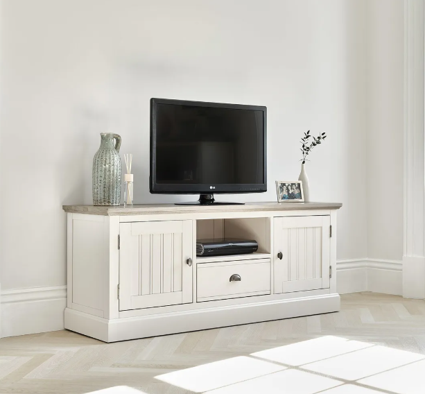 Solid wood white and grey large tv unit / Oak Furnitureland Brompton