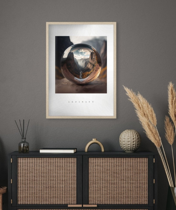 Mountain Print with Glass Ball / clear sphere "INFINITY"