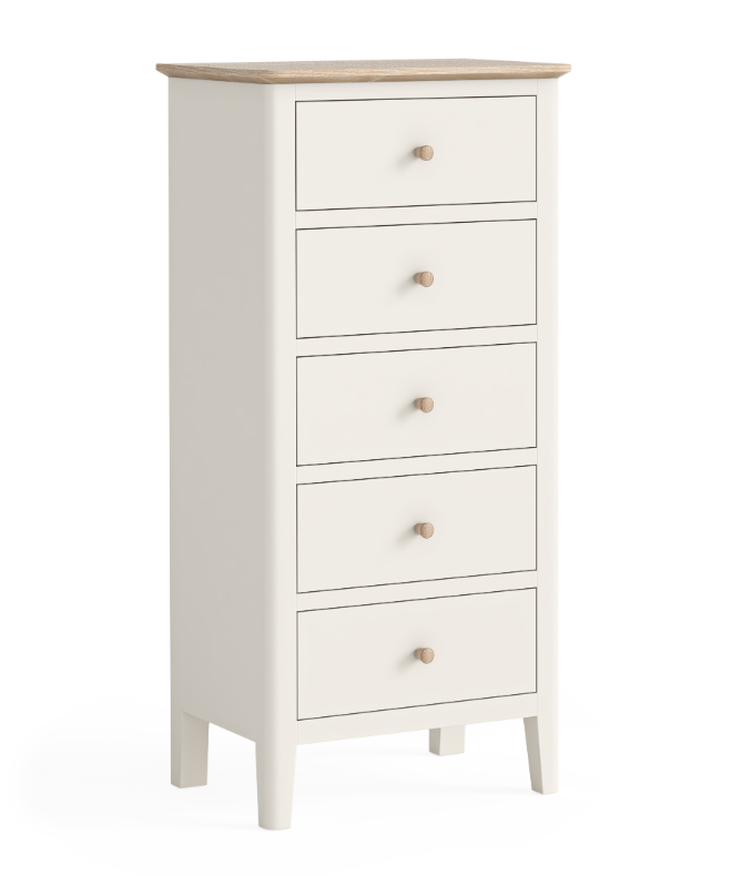 Wood and Off-White Tallboy with 5 Drawers
